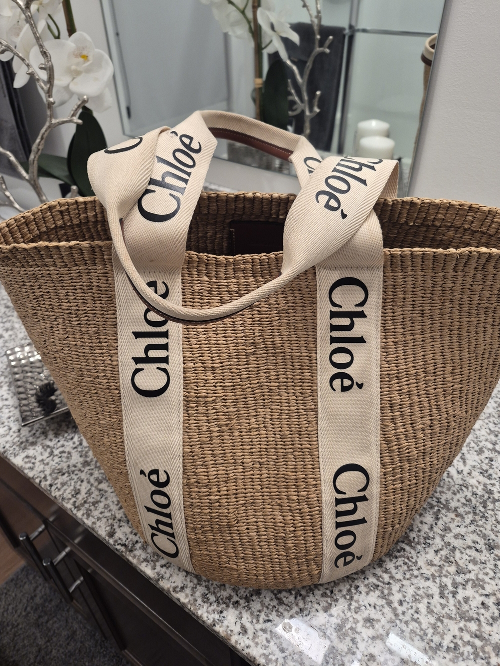 Chloé Natural Woven Tote with Branded Beige Straps